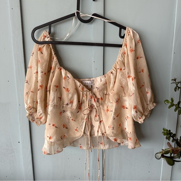 ACOA Orange Tan Puff Sleeve Front Tie Crop Blouse - Picture 2 of 5